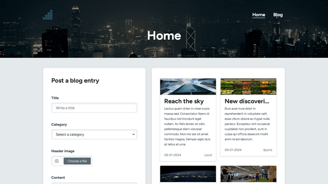 The blog home page showing a form on the left side and the latest blog posts on the right side.