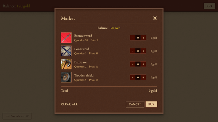 A modal window serving as a market for medieval items like swords and shields.
